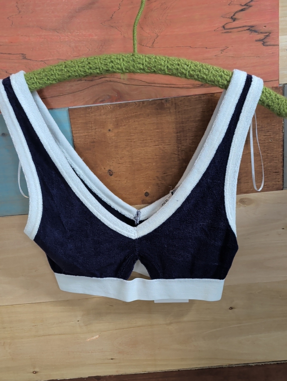 Zara Navy and White V-Neck Terry Crop Bralette